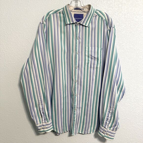 Tommy Bahama Blue Grn Striped Button Up Mens XL Long Sleeve Shirt Woven Casual - Picture 1 of 9